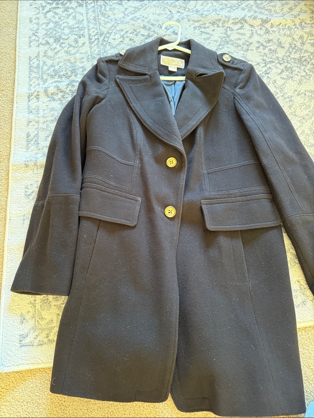Michael Kors Black Wool Peacoat with Button Details
